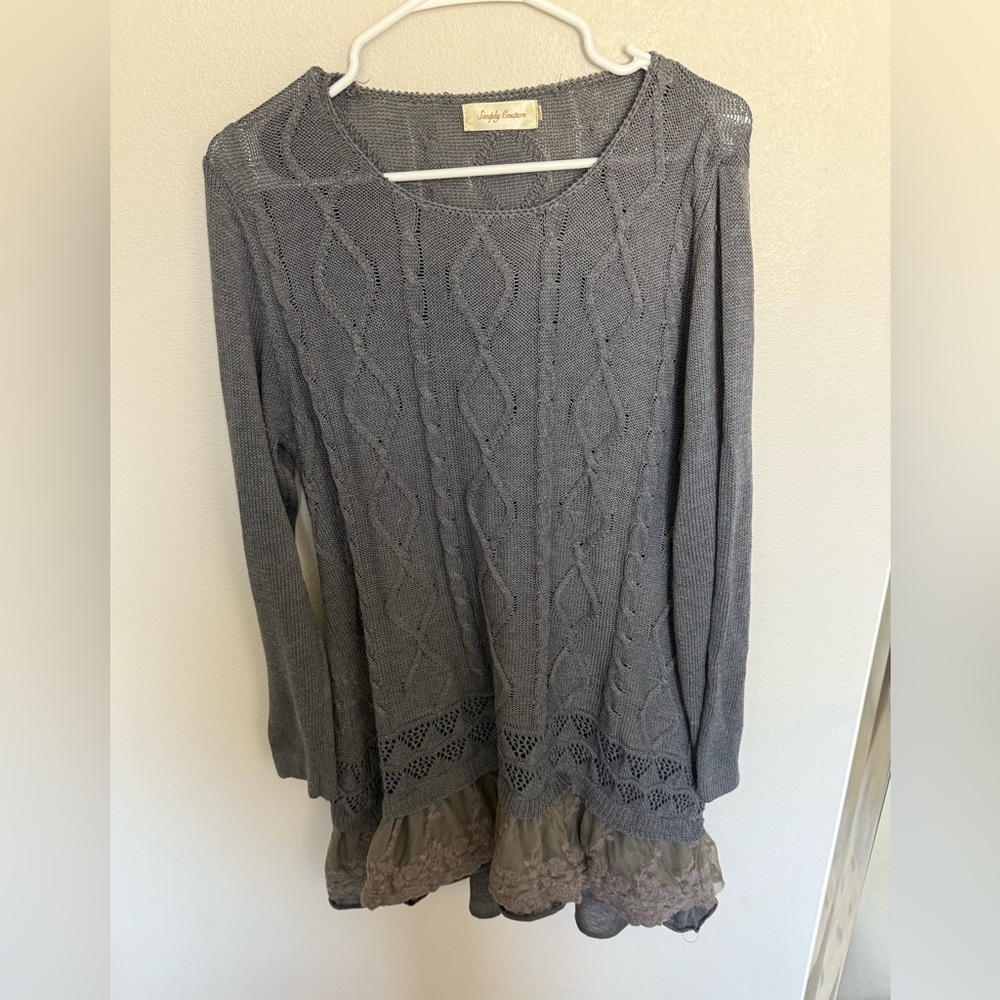 Simply Couture Gray Long Sleeve Dress with Lace Hem